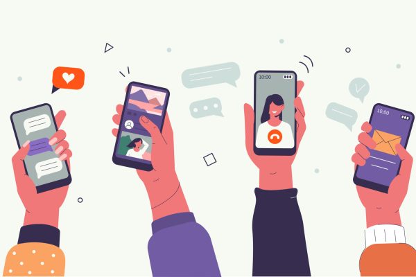 Young People use Smartphones and Surfing in Social Media. Boys and Girls Chatting, Watching Video, Liking Photos. Female and Male Characters Talking in Mobile App. Flat Cartoon Vector Illustration.