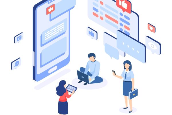 Social networking. Group chatting isometric concept. Cartoon people writing messages. Trendy man and women holding smartphones or laptops. Online collective communication. Vector mobile application